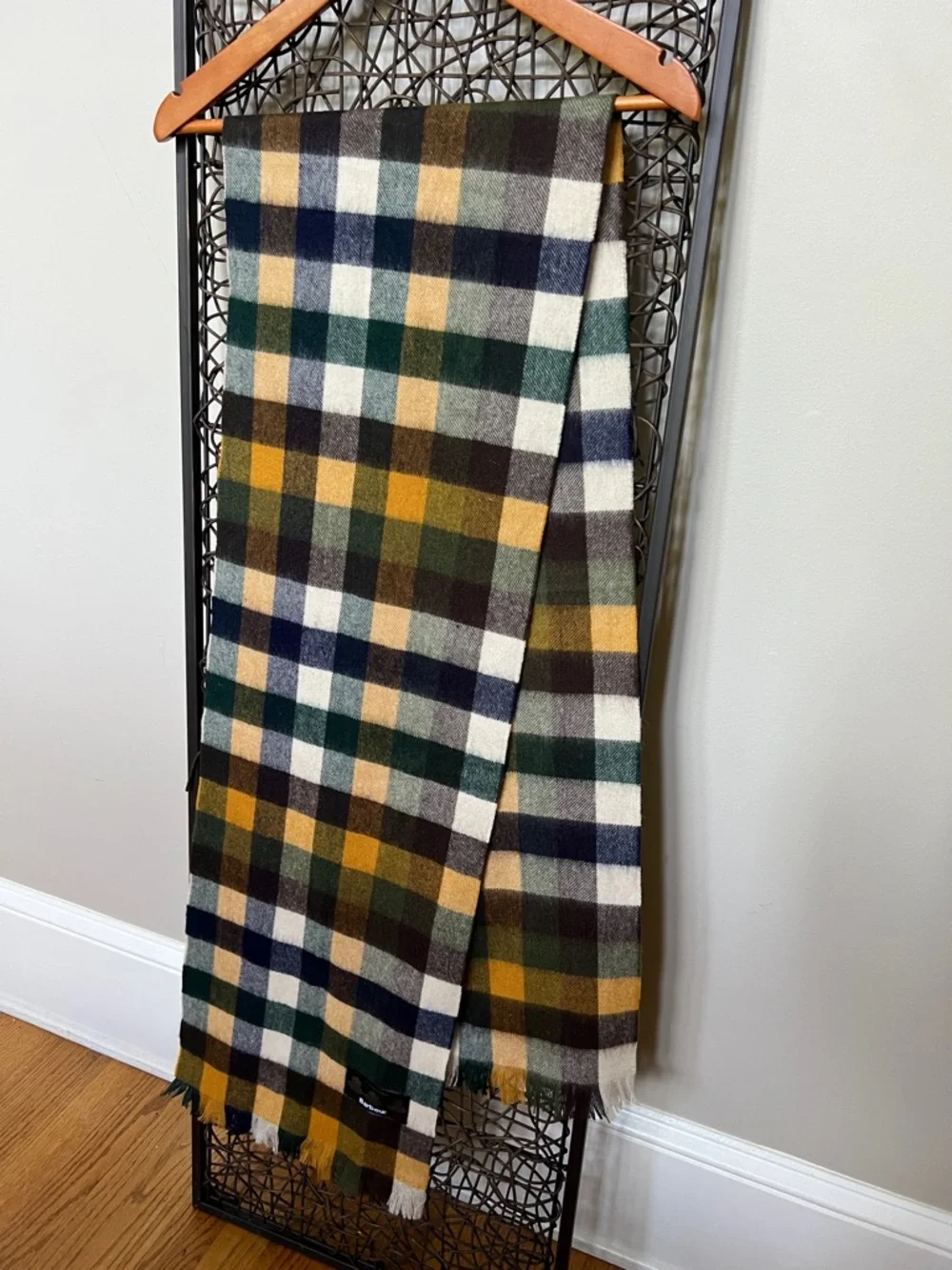 Barbour Tattersall Tartan Lambswool Fringe Scarf Forest Mist Check Pattern